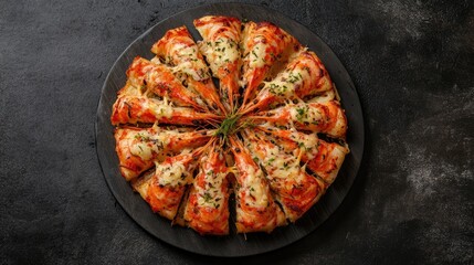 Aufkleber - Oven baked cheese stuffed red prawns arranged on a round plate with dark gray background top view culinary presentation.