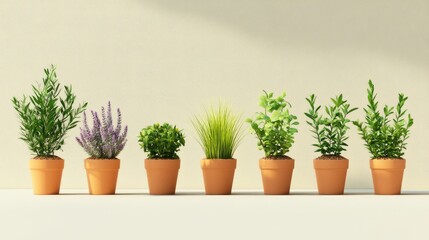 Poster - Variety of ornamental plants displayed in terracotta pots against a neutral background showcasing greenery and vibrant colors.