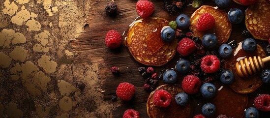 Poster - Pancakes with fresh berries and honey on rustic wooden background showcasing natural breakfast ingredients and textures