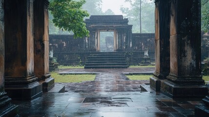 Poster - Historic stone sanctuary park views during rain showcasing architectural details and lush greenery in a serene atmosphere.