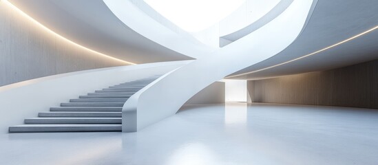 Poster - Panoramic view of a modern interior hall with sleek gray and white design highlighting contemporary staircase architecture