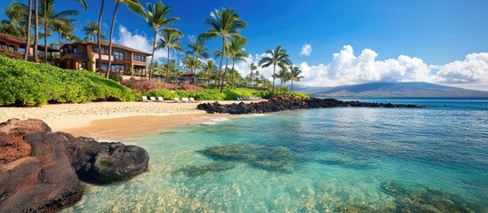 Poster - Serene beach with lush palm trees and crystal clear waters under a vibrant blue sky showcasing tropical paradise vibes.