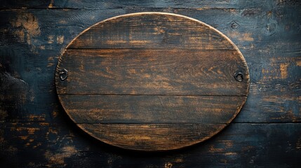 Poster - Dark oval wooden signboard on a textured wooden background creating a rustic and vintage atmosphere for signage or decoration use