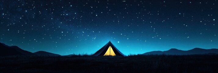 Poster - Starry sky over a tranquil tent in the wilderness on a clear night. Generative AI