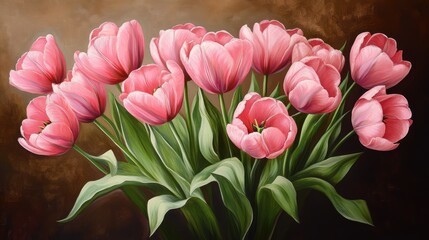 Aufkleber - Vibrant bouquet of pink tulips with lush green leaves against a rich dark background showcasing nature's beauty and elegance.