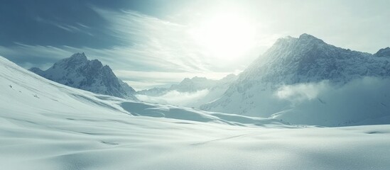 Poster - Winter mountain landscape with snow-covered peaks and a bright sun illuminating the tranquil serene scene ideal for holiday retreats.