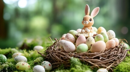 Poster - Easter celebration scene with colorful painted eggs and a cute rabbit figurine in a natural nest setting on lush green grass.