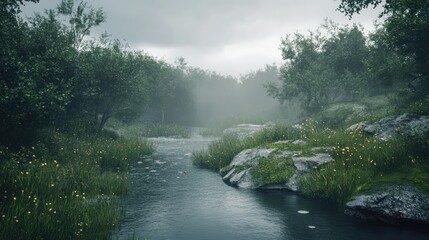 Aufkleber - Serene tranquil landscape with misty river surrounded by lush greenery and stone formations on an overcast day.