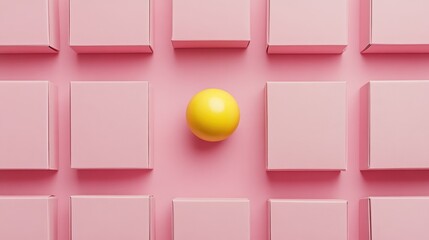 Aufkleber - Vibrant yellow sphere standing out amidst pink boxes on a soft pink background showcasing a minimalistic and modern concept design