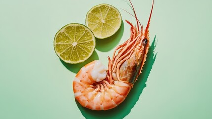 Aufkleber - Overhead shot of fresh prawn with lime halves on a soft green background showcasing vibrant colors and textures