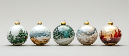 Poster - Decorative Christmas tree baubles featuring picturesque winter landscapes in a row against a neutral background.