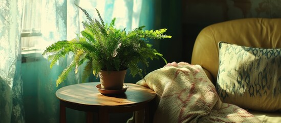 Aufkleber - Cozy interior scene featuring a potted fern on a table next to a sofa with decorative cushions and a soft blanket in warm sunlight