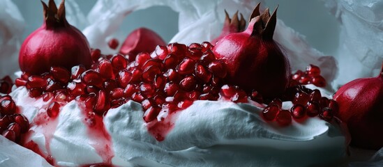 Poster - Pavlova cake topped with pomegranate seeds and meringue showcasing a delicious dessert presentation with vibrant red accents.
