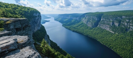 Aufkleber - Scenic panorama of lush green cliffs and tranquil river under a bright blue sky with fluffy clouds