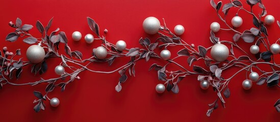 Poster - elegant mistletoe and shiny ornaments arranged artistically on a vibrant red background for festive 