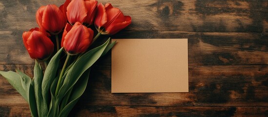 Aufkleber - Overhead view of a blank card with red tulips on a rustic wooden table perfect for personalized messages or greetings