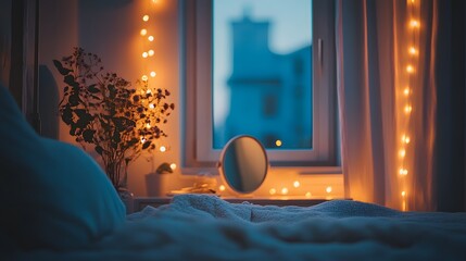 Poster - Cozy Bedroom with Soft Lighting and Reflections, Featuring Decorative Plant, Warm Atmosphere, and Tranquil Window View in Evening Softness