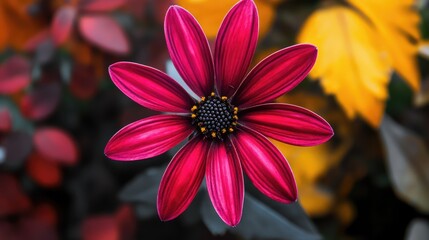 Poster - Vibrant Pink Flower Surrounded by Colorful Foliage in a Garden Setting