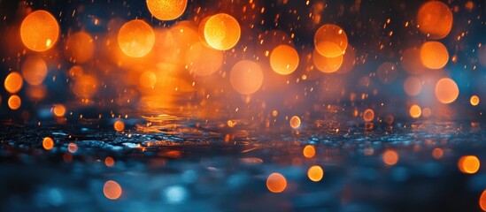 Poster - Abstract orange bokeh lights with water reflections creating a dreamy, atmospheric background for design and creative projects