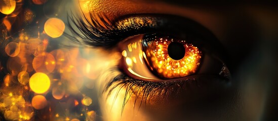 Poster - Vivid orange bokeh lights reflected in an eye creating an abstract and artistic background effect for creative projects