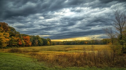 Aufkleber - Dramatic overcast sky with textured clouds over a golden autumn landscape in a tranquil open field at sunset