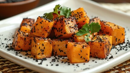 Aufkleber - Roasted Squash Cubes with Pumpkin and Black Sesame Seeds Garnished with Fresh Herbs