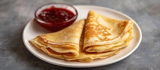 Poster - Pancakes elegantly arranged on a white plate accompanied by strawberry jam highlighting delicious breakfast options.