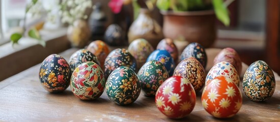 Aufkleber - Decorative painted eggs in vibrant colors arranged on a wooden table highlighting Easter traditions and festive artistry