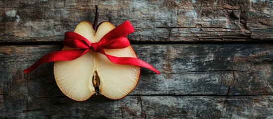 Poster - Holiday-themed pear slice decorated with a red ribbon on rustic wooden background for festive culinary or decoration concepts.