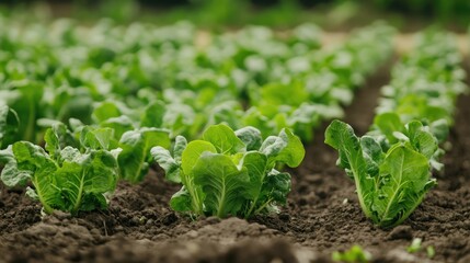 Lush green organic vegetable garden showcasing healthy romaine lettuce growing in rich soil during daylight.