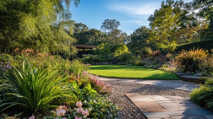 Poster - Serene garden landscape featuring vibrant orchids basking in sunlight with lush greenery and scenic pathways.