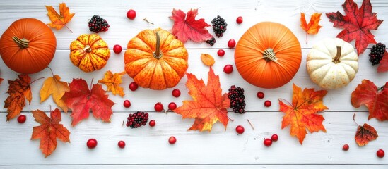 Poster - Autumn scene with colorful maple leaves pumpkins and red berries on white wooden background showcasing seasonal decor and natural beauty