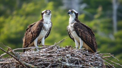 Poster - Two ospreys perched on their nest showcasing nature's beauty and wildlife interaction in a serene natural environment.