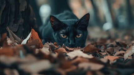 Aufkleber - Black cat camouflaged among autumn leaves in a serene outdoor setting exploring its surroundings in soft natural light