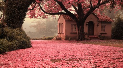 Poster - Serene outdoor scene featuring a charming house surrounded by a carpet of fallen pink petals beneath a majestic tree