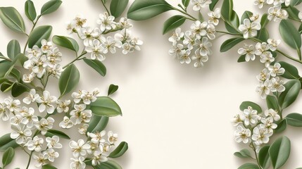 Aufkleber - Delicate oval-leaved privet flowers arranged elegantly with fresh green leaves on a soft neutral background for a serene botanical display
