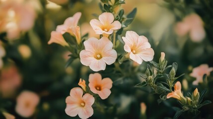 Aufkleber - Delicate pastel flowers blooming in a lush garden setting with soft green foliage in the background capturing the essence of nature's beauty.