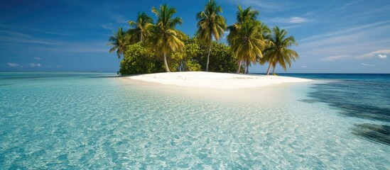 Poster - Tropical paradise island with clear turquoise waters and palm trees under a bright blue sky