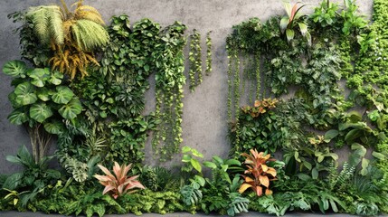 Poster - Lush green ornamental plants cascading against a textured wall creating a tranquil and vibrant interior garden atmosphere