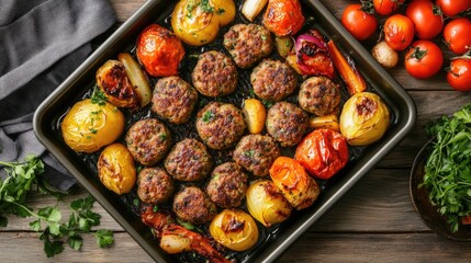 Poster - Oven tray with meat cutlets and colorful stuffed vegetables on a rustic wooden tabletop with fresh herbs and tomatoes
