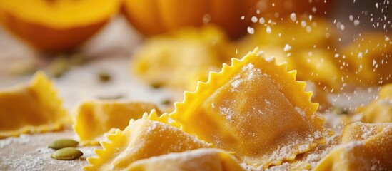 Poster - Pumpkin filled ravioli uncooked with flour and pumpkin seeds on a blurred background of fresh pumpkin and ingredients in soft focus.