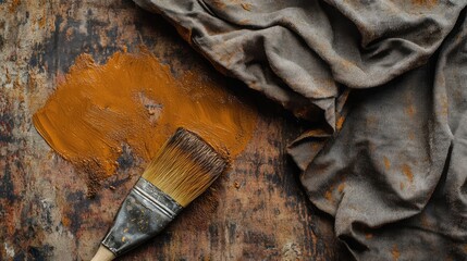 Poster - Painter's drop cloth featuring brown paint, a used brush, and a cloth rag on a rustic wooden surface, showcasing artistic tools and materials.