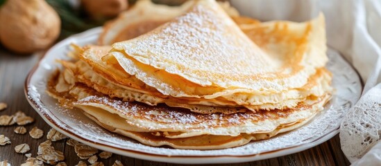 Poster - Oatmeal pancakes stacked on a plate dusted with powdered sugar and surrounded by oats and nuts on a rustic table setting