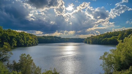 Aufkleber - Sunlight breaking through overcast clouds illuminating a serene lake surrounded by lush green forests in a tranquil natural landscape