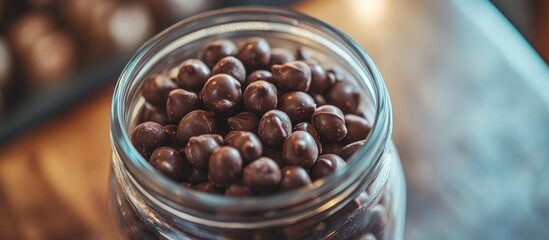 Poster - Close up of a glass jar filled with chocolate covered peanuts showcasing delicious sweets and tempting treats in warm lighting