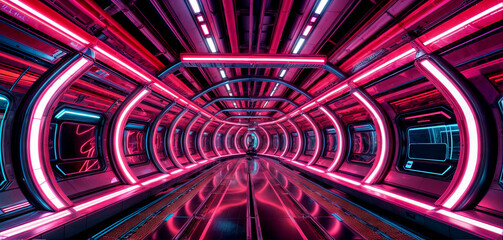 Poster - A striking corridor illuminated by vibrant neon lights creates a futuristic atmosphere. The geometric patterns and reflections on the floor enhance the feeling of motion and depth