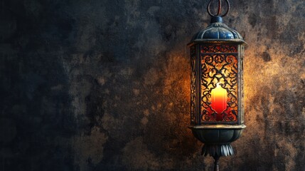 Poster - Intricately designed vintage oriental lamp casting warm light against a textured dark background creates an inviting ambiance.