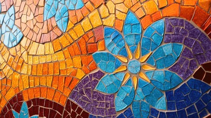 Poster - Colorful mosaic pattern featuring intricate floral designs and vibrant geometric shapes suitable for backgrounds or artistic projects.