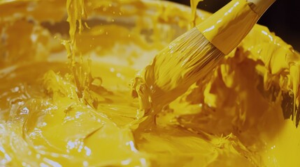 Poster - Closeup of a paintbrush immersed in vibrant yellow paint within a container showcasing rich texture and color.