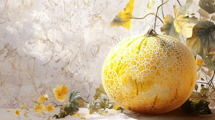 Poster - oriental yellow melon glowing on white background surrounded by delicate floral accents and foliage